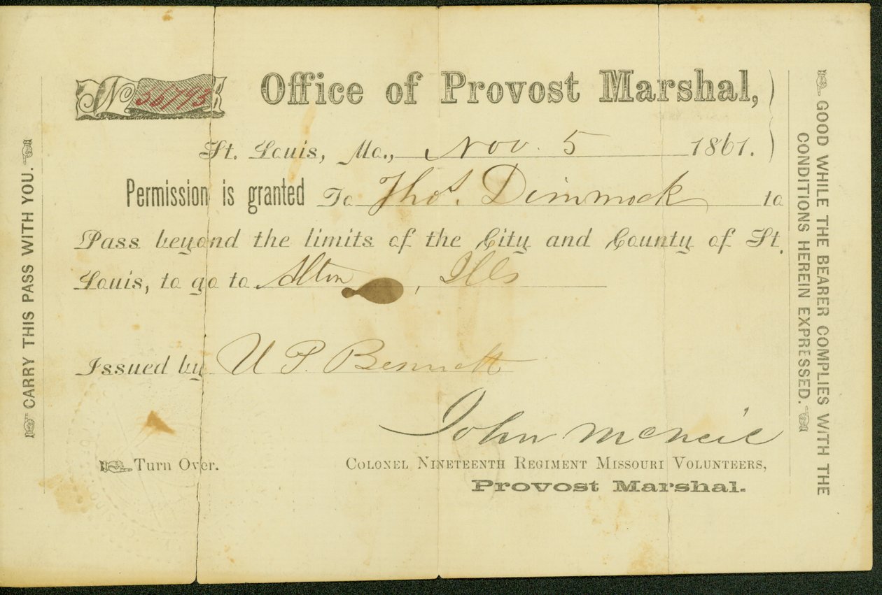Military pass of Thomas Dimmock, signed U.P Bennett, November 5, 1861 av U. P. Bennett