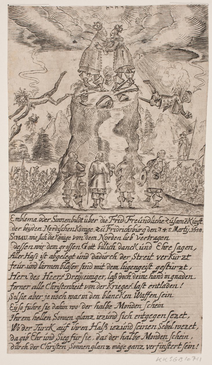 Möte av Frederik III och Karl Gustav X på Frederiksborg. Satirisk tidning av Ubekendt