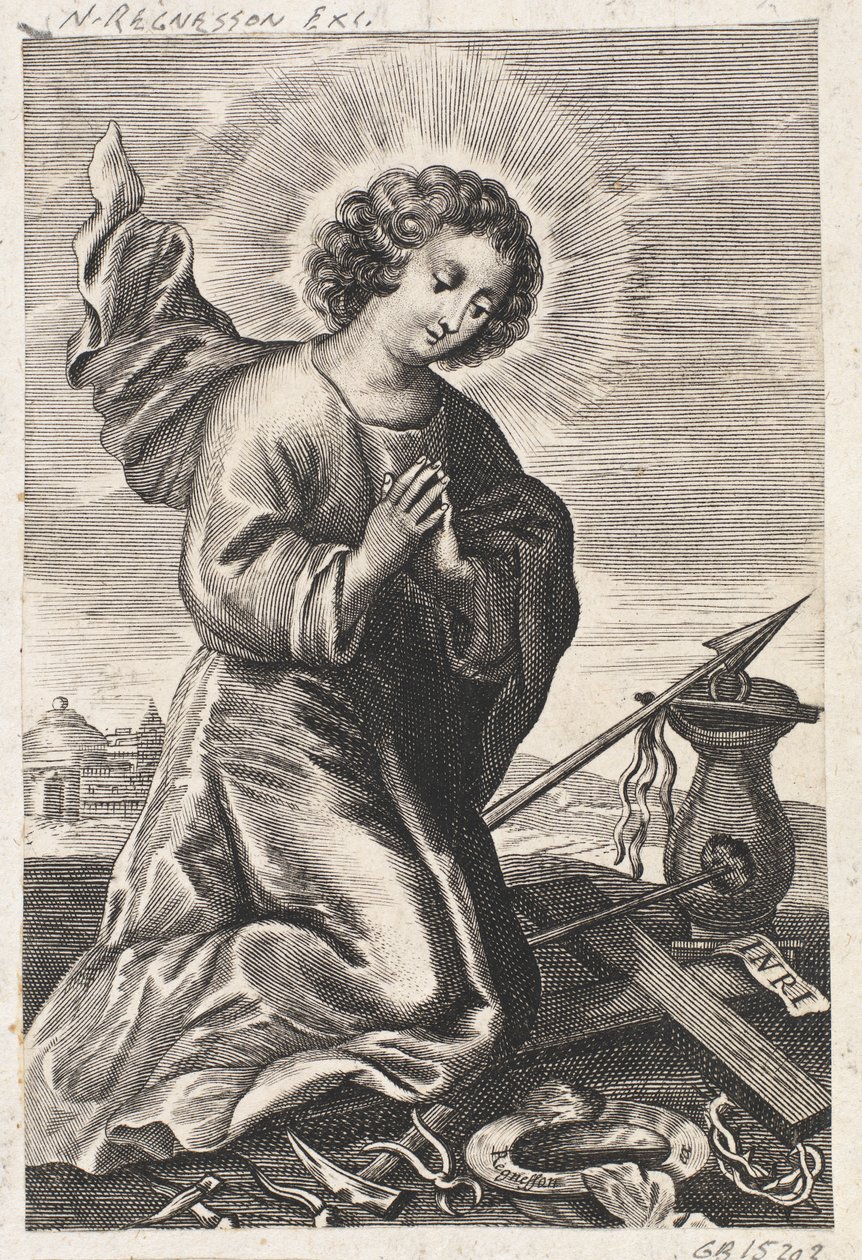Jesusbarnet på knä framför passionsinstrumenten av Ubekendt