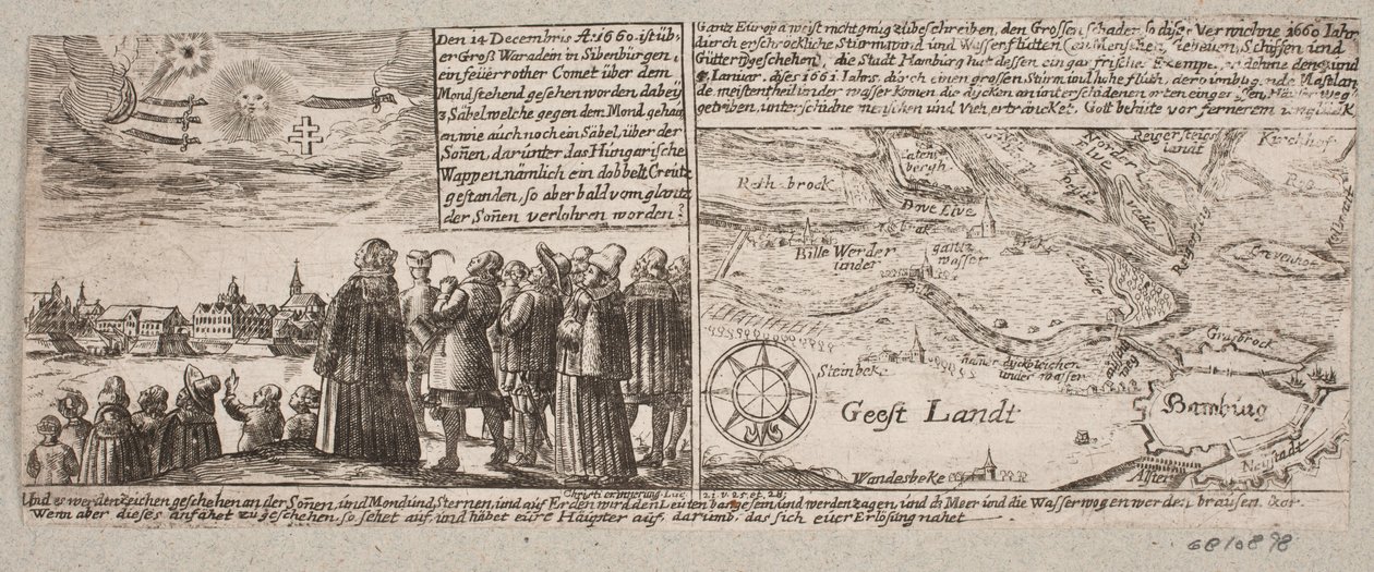 Kometen som dök upp i Grossvardein, Sibenbürgen, 14 december 1660, samt en egen karta nära Hamburg under stormfloden den 4 januari 1661 av Ubekendt
