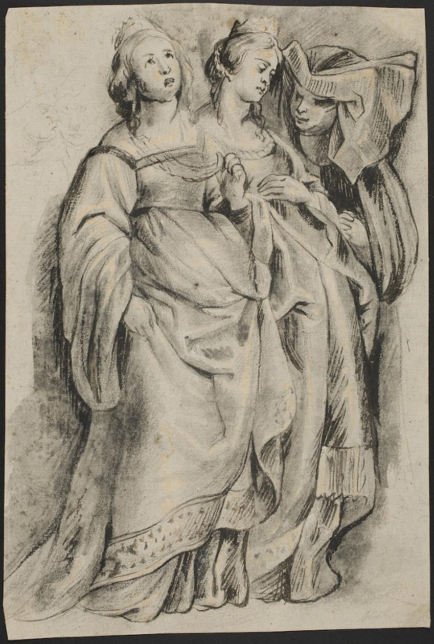 Tre kvinnliga figurer, från "The Conversion of Saint Bavo" av Ubekendt