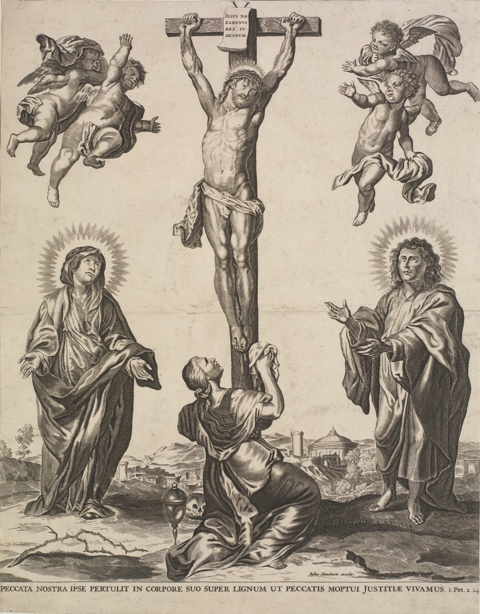Kristus på korset, med Jungfrun, Maria Magdalena och Johannes och fyra änglar av Ubekendt KKSgb5444