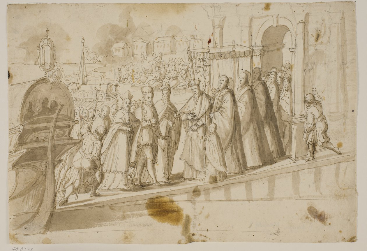 Kung Henrik III, Doge Alvise Mocenigo och kardinal San Sisto togs emot av den venetianske patriarken Giovanni Trevisan vid Lido i Venedig av Ubekendt Ubekendt