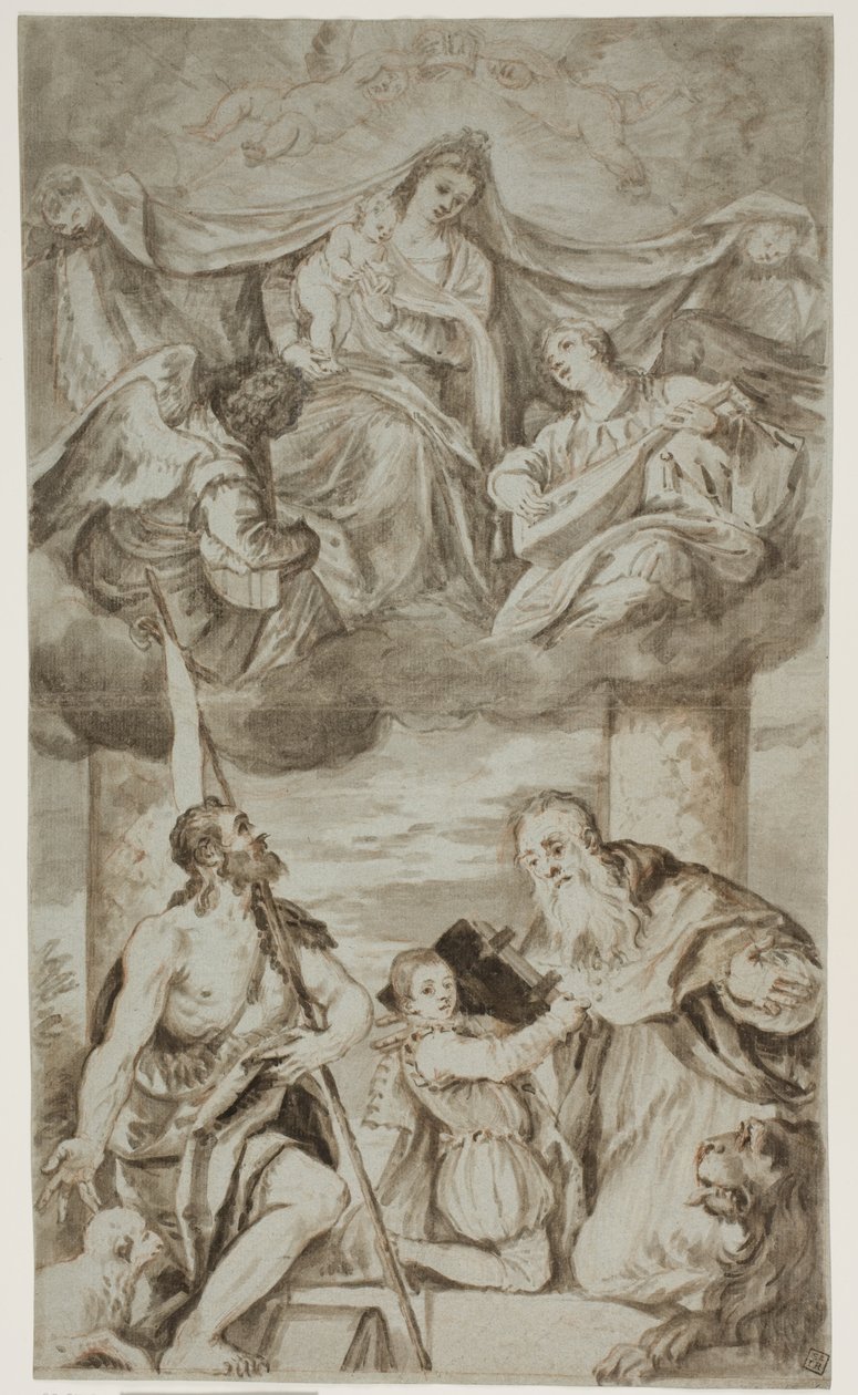 Jungfrun och barnet bland änglar i molnen med Sts Johannes Döparen och Hieronymus, efter Paolo Veroneses målning tidigare i S. Francesco della Vigna, Venedig av Ubekendt Ubekendt