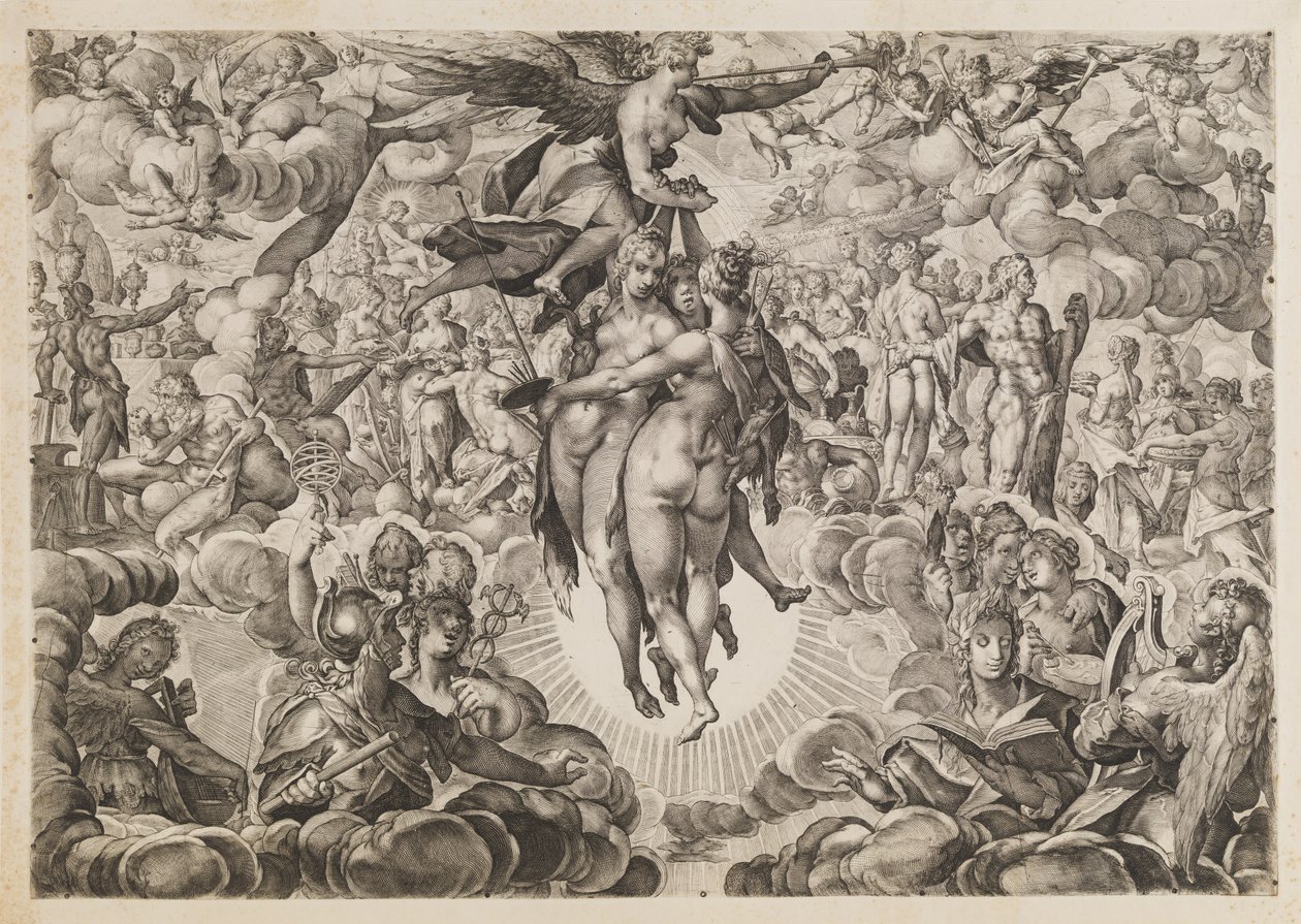 Målning, skulptur och arkitektur, förbjudna av turkarna, tillbakadragna till Olympen av Ubekendt efter Jan Muller; H. Goltzius; Ae. Sadeler og Lucas Kilian efter Bartholomeus Spranger