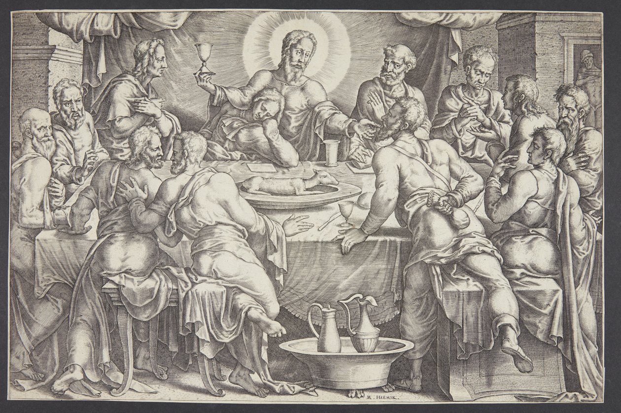 Kristus förutsade Judas Iskariots förräderi vid den sista måltiden av Ubekendt efter Maarten van Heemskerck