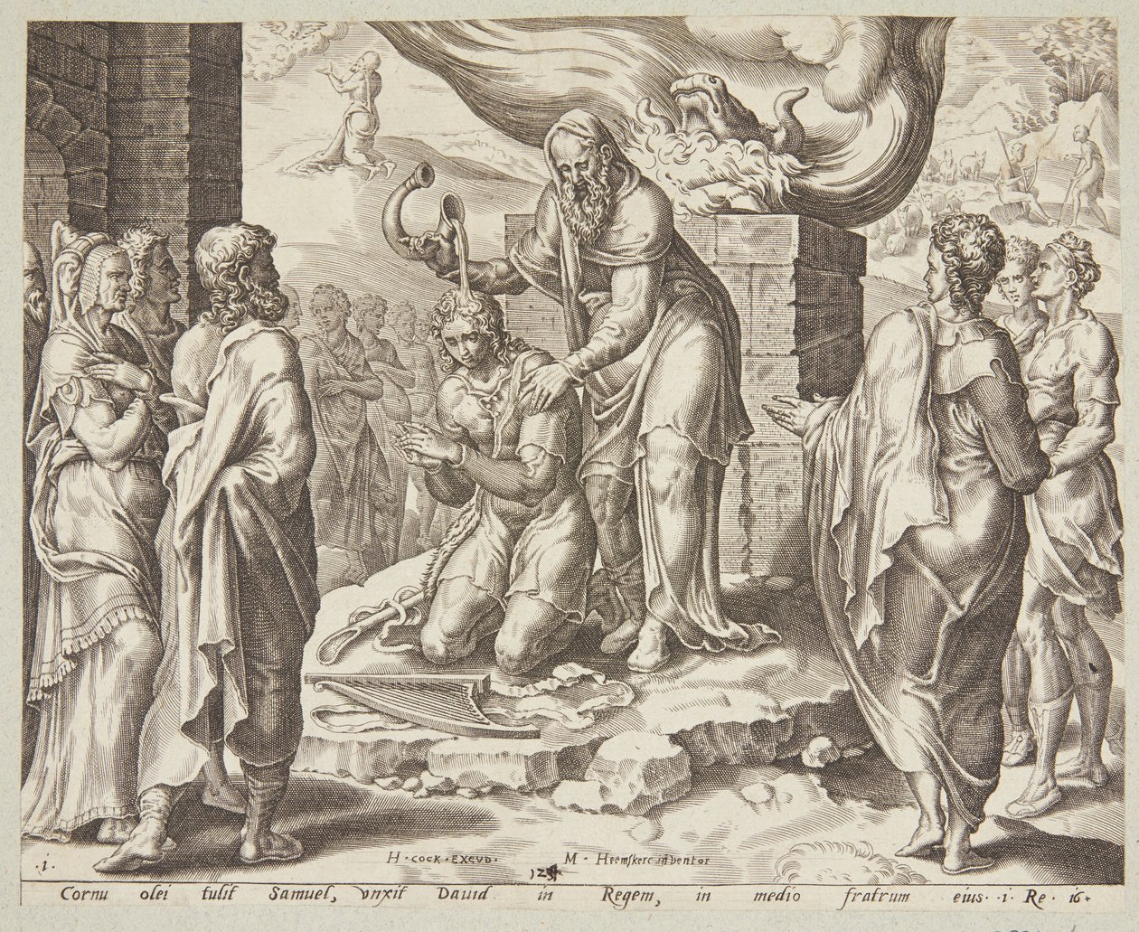 Samuel smörjer David av Ubekendt efter Maarten van Heemskerck