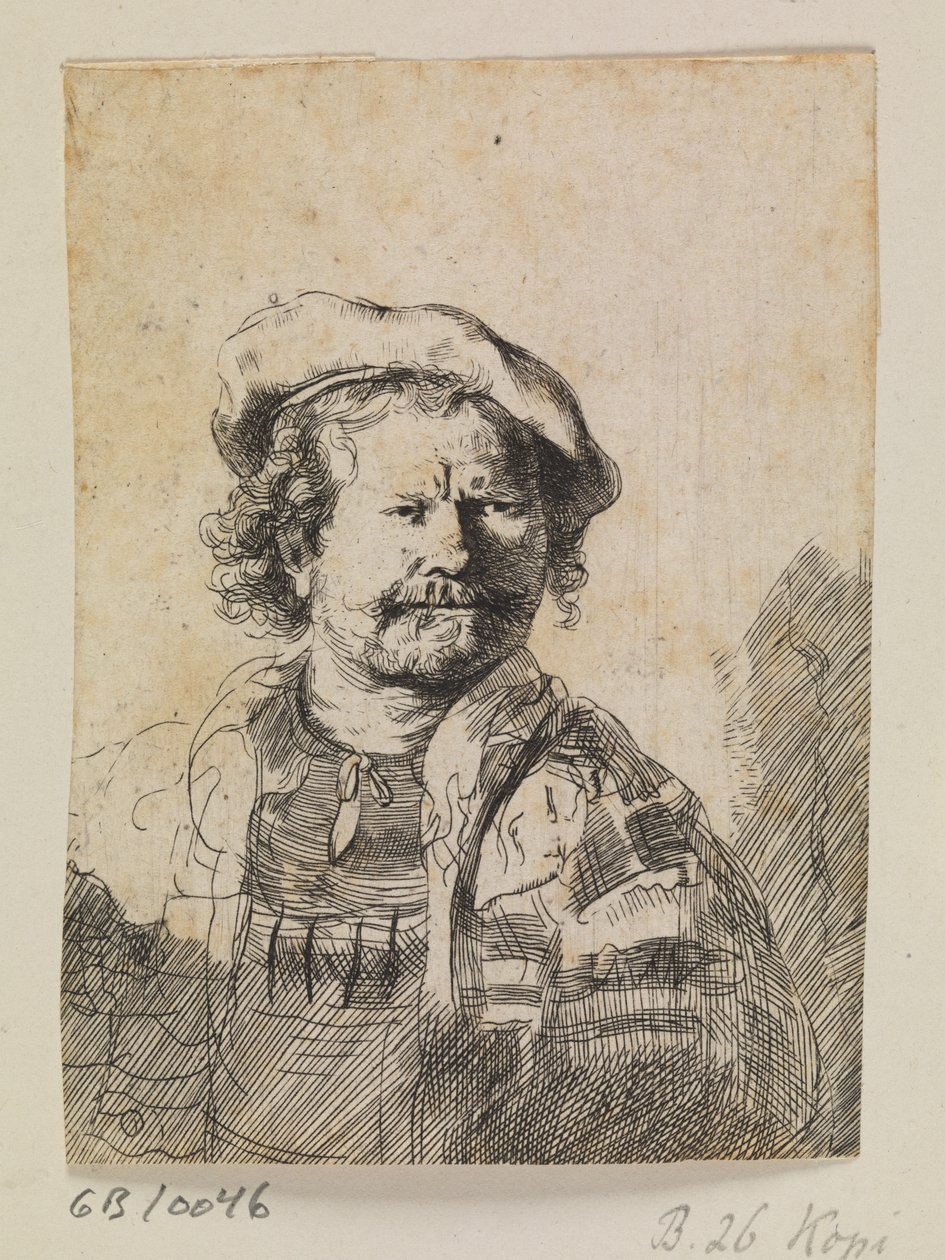 Rembrandt i platt keps och broderad klänning av Ubekendt efter Rembrandt