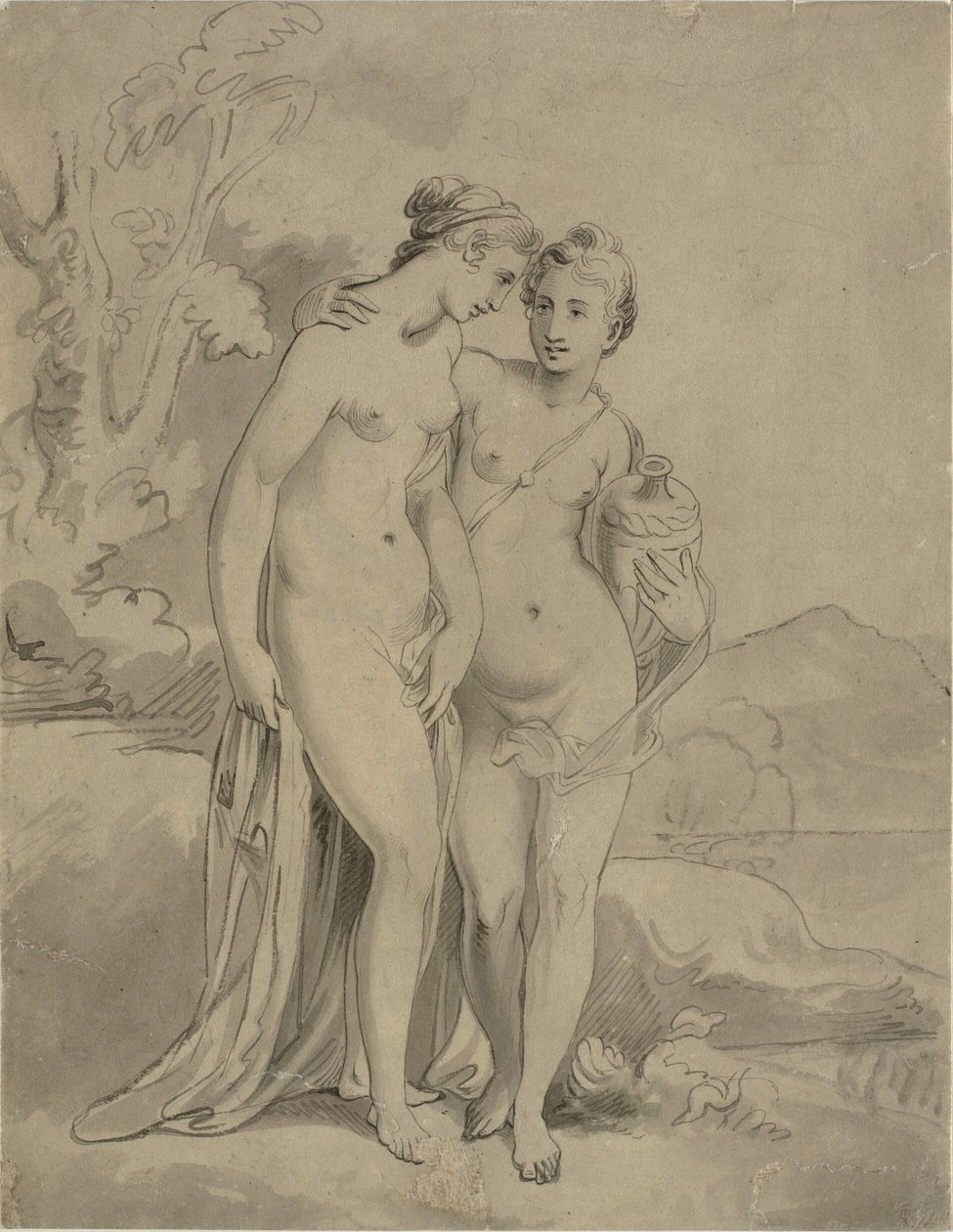 Två nymfer i ett landskap av Ubekendt engelsk kunstner 1820