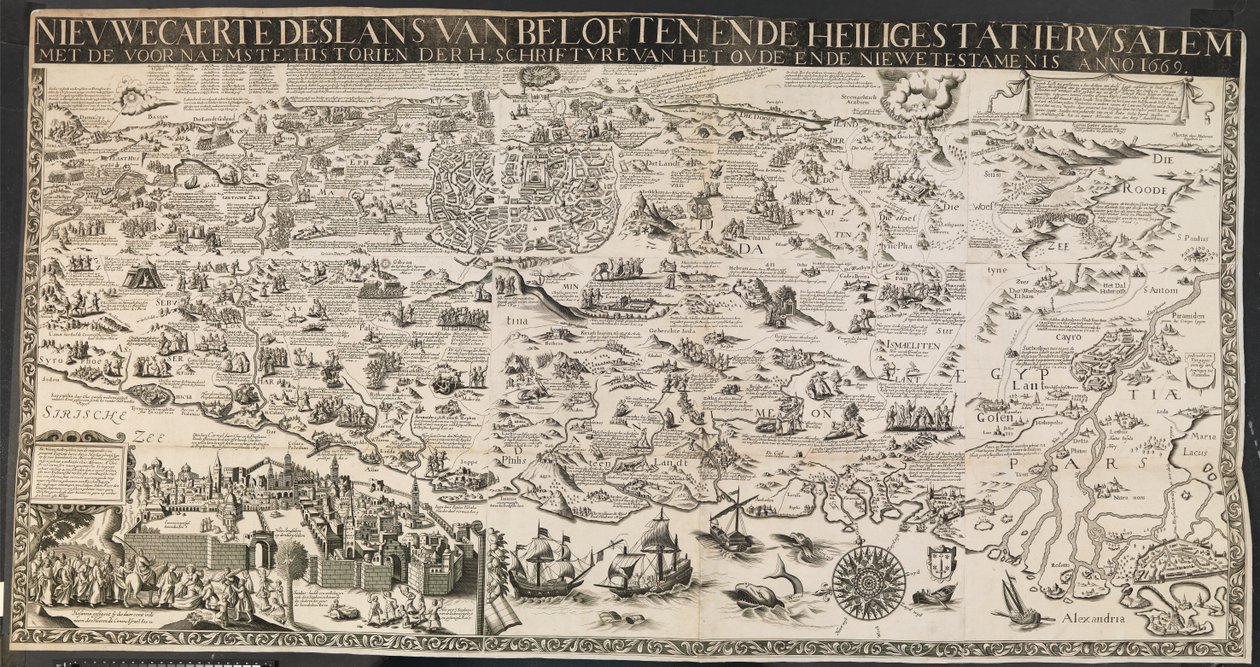 Ny carte des lants av löften och den heliga staden Ierusalem. av Ubekendt nederlandsk aktiv midten af 1600 tallet