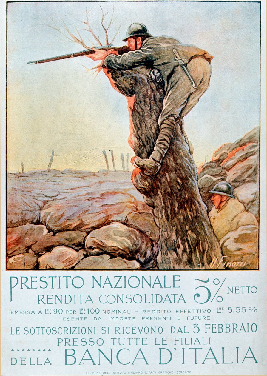 Första världskriget: Italiensk affisch som uppmuntrar nationellt lån. Illustration av Ugo Finozzi (1900-talet). 1914-1918 OBS! Användningen av detta verk kan bli föremål för en begäran om auktorisation till en tredje part eller till betalning av ytterligar av Ugo Finozzi