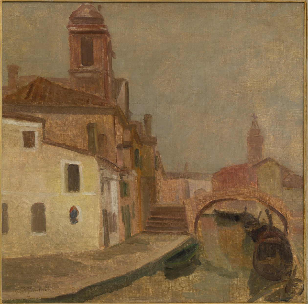 Hus och en bro i Chioggia (oljemålning på duk) av Ugo Martelli
