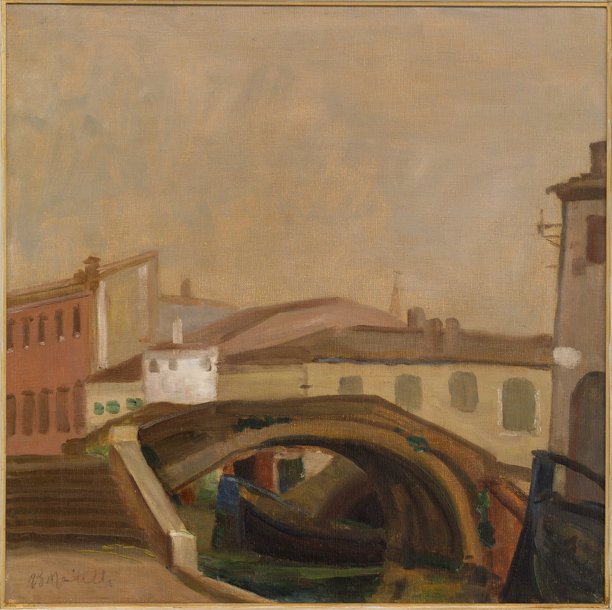 Hus och en bro i Chioggia (oljemålning på duk) av Ugo Martelli