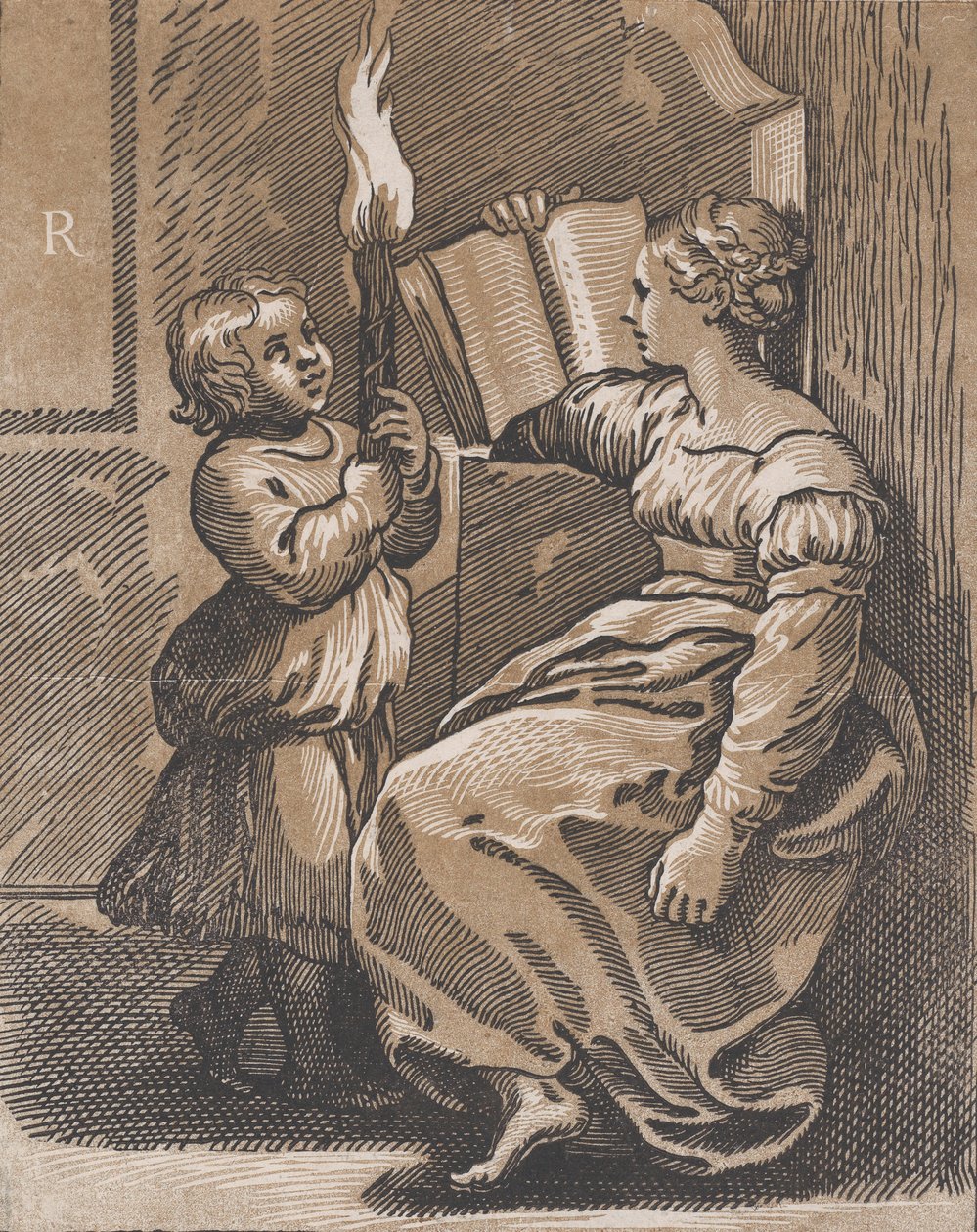 En sibylla som läser en bok mot vänster, efter 1518. av Ugo da Carpi