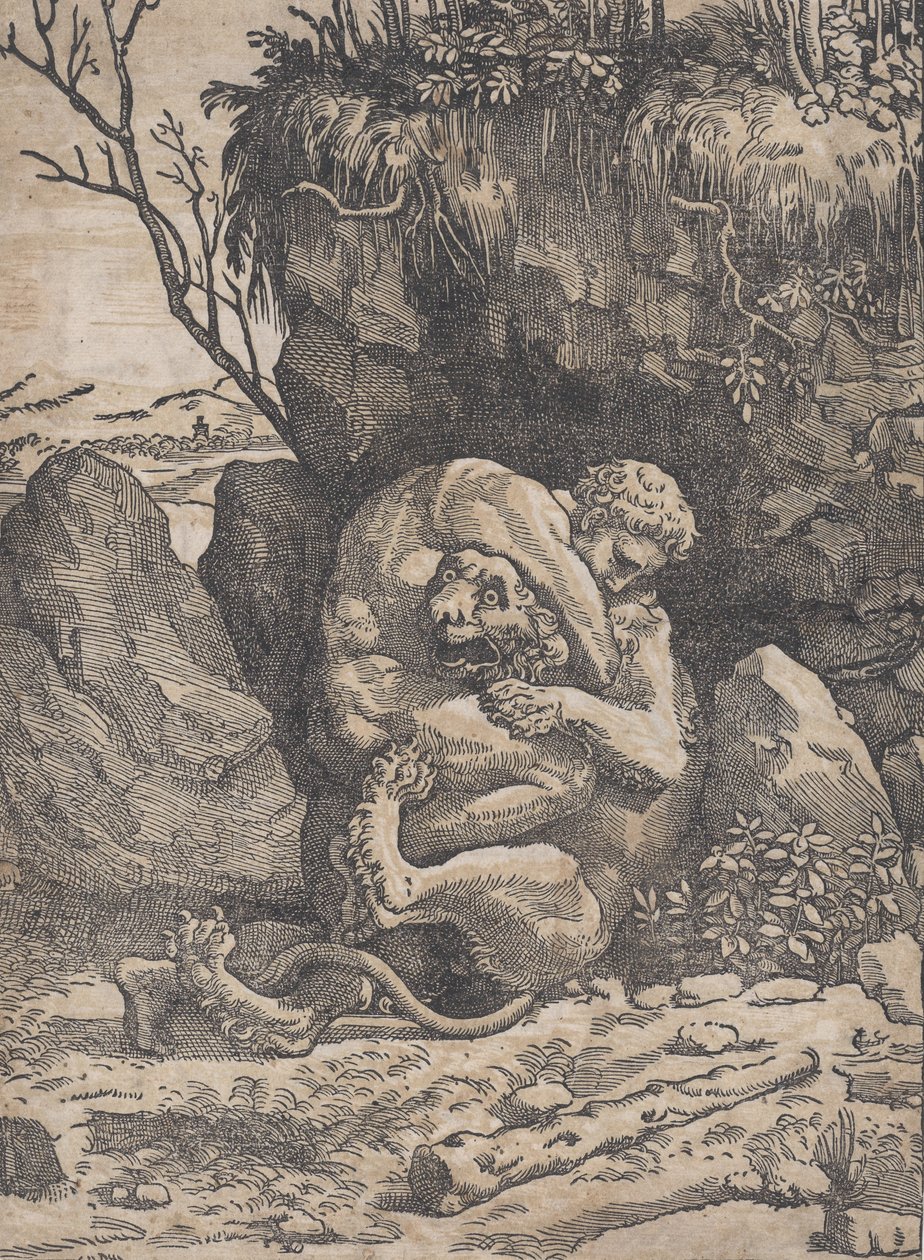 Hercules and the Nemean Lion, ca. 1517-18. av Ugo da Carpi