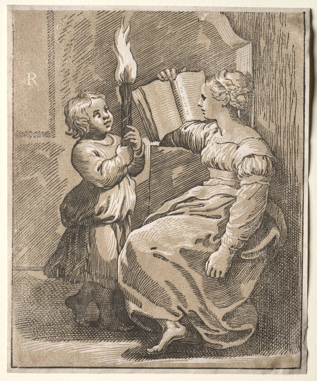 Sibyllläsning med ett barn som håller en fackla, 1518-27. av Ugo da Carpi