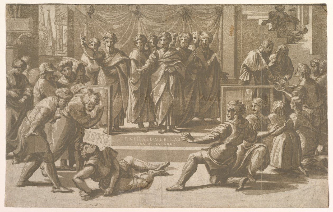 Ananias död, omgiven av apostlar, 1518. av Ugo da Carpi