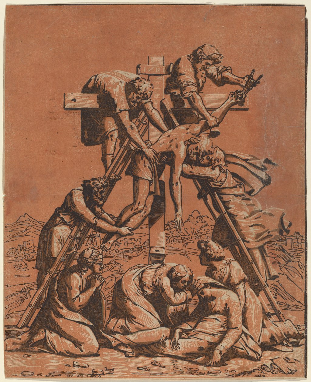 Nedstigningen från korset av Ugo da Carpi after Raphael