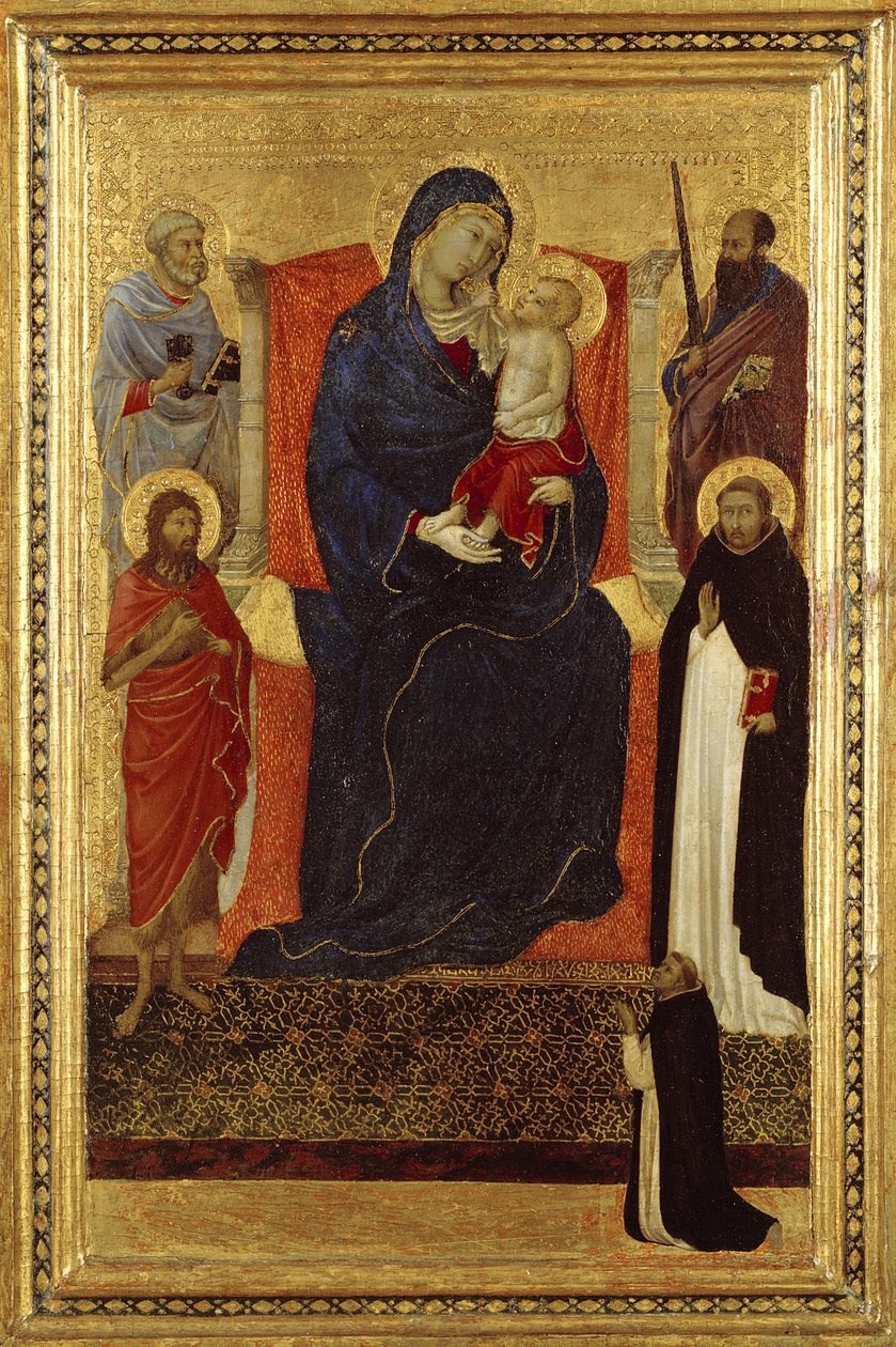 Jungfru och barn tronade med de heliga Petrus, Paulus, Johannes Döparen, Dominikus och en donator, 1325-35 av Ugolino di Nerio