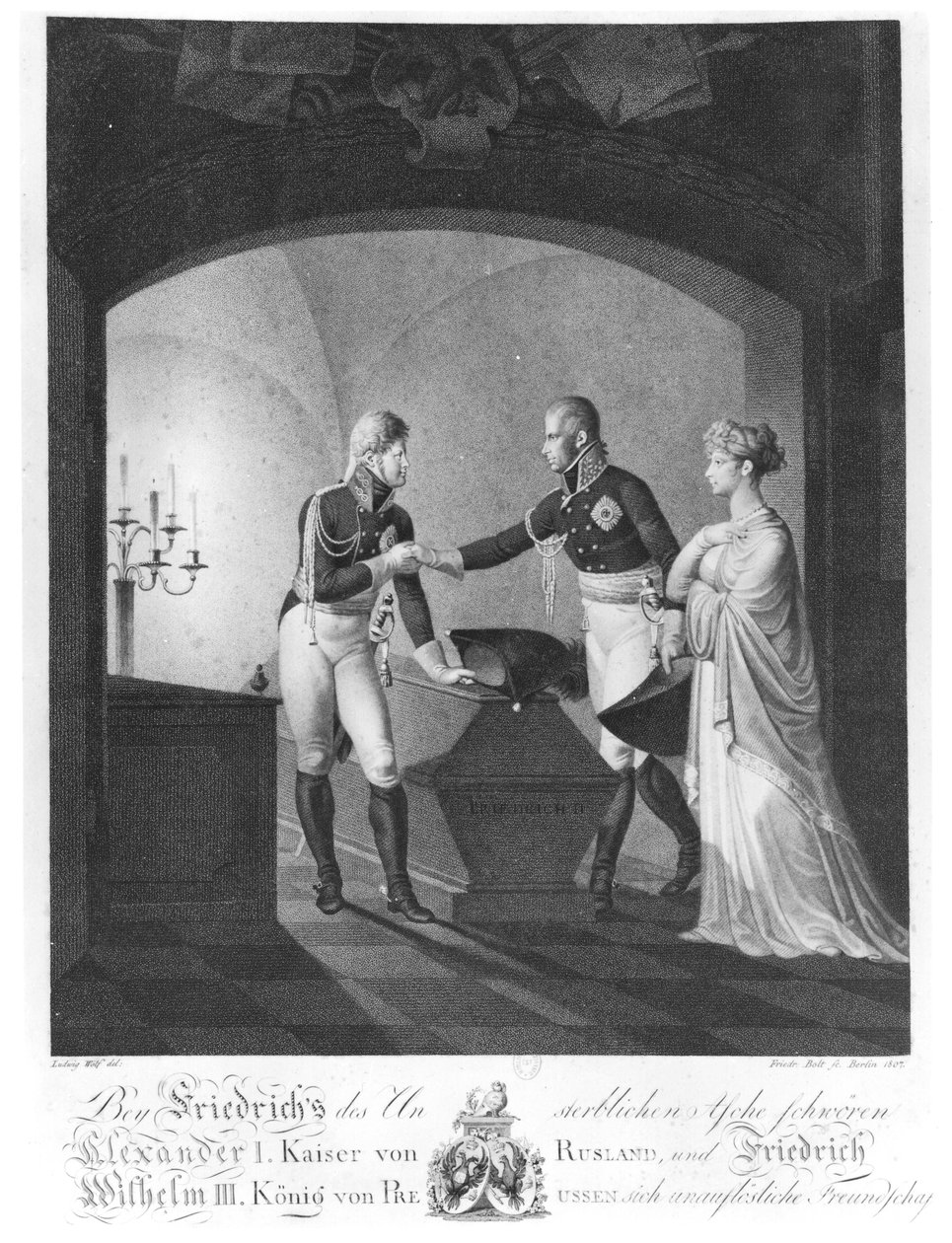 Nära askan efter Friederick II den store av Preussen (1712-86), tsar Alexander I (1777-1825) och kung Friedrich Wilhelm III av Preussen (1770-1840) som svär odödlig vänskap, i Potsdam på natten av Ulrich Ludwig Wolf