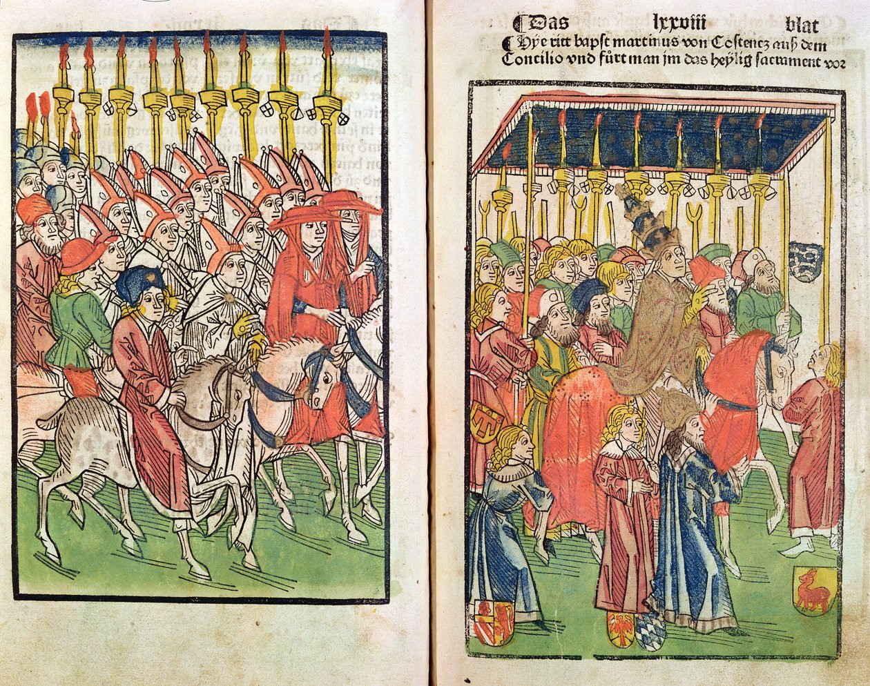 Ankomst av motpåven Johannes XXIII (ca 1370-1419) vid konciliet i Konstanz 1414, 1483 (färgad trästick) av Ulrich von Richental