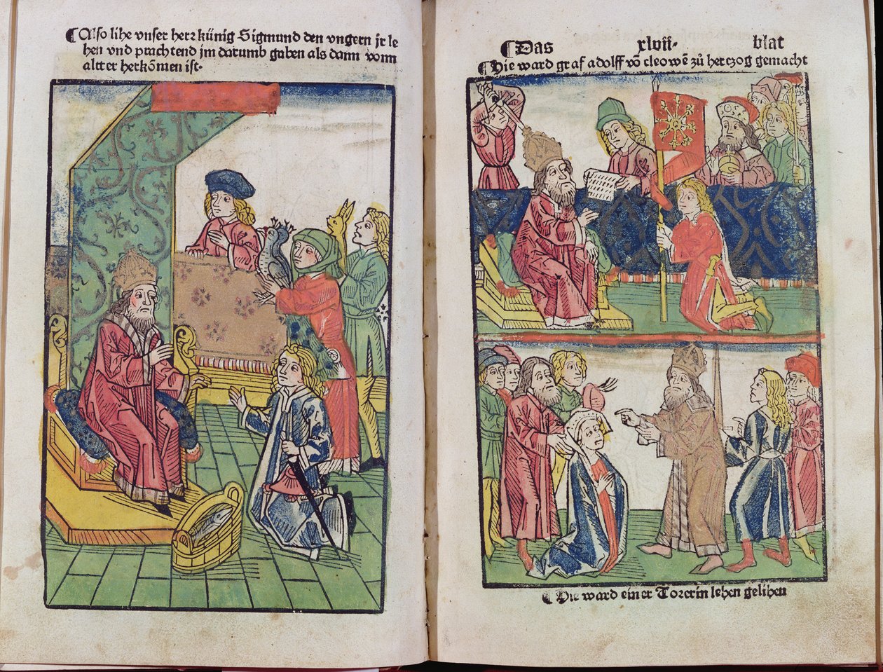 Kejsar Sigismund (1367-1437) av Luxemburg tar emot hyllningar från sina ungerska undersåtar, 1483, (färgträsnitt) (se även 336923) av Ulrich von Richental
