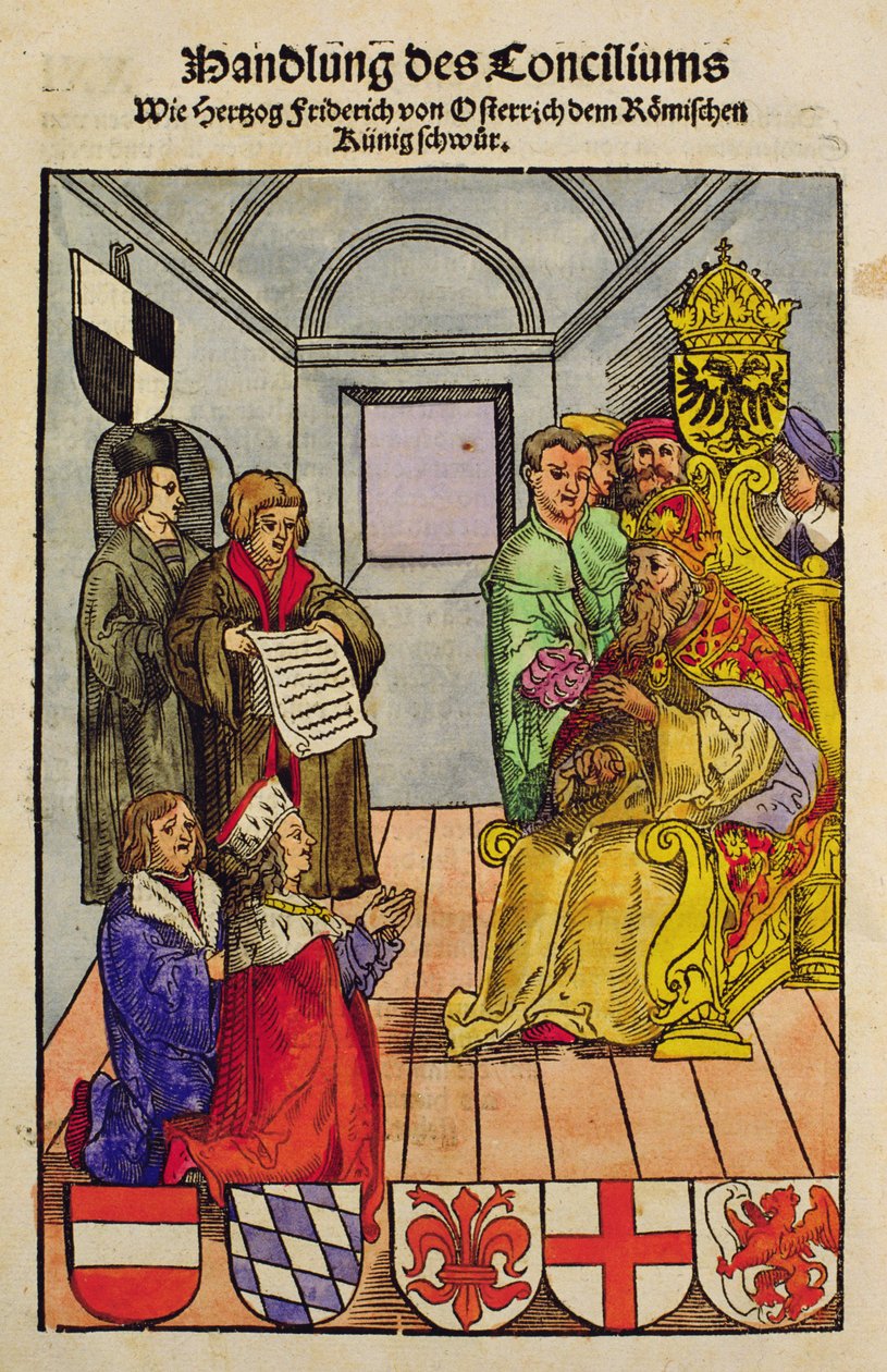 Fredrik IV, hertig av Österrike, förklarar sin trohet mot kejsaren vid konciliet i Konstanz, ur "Chronik des Konzils von Konstanz". av Ulrich von Richental