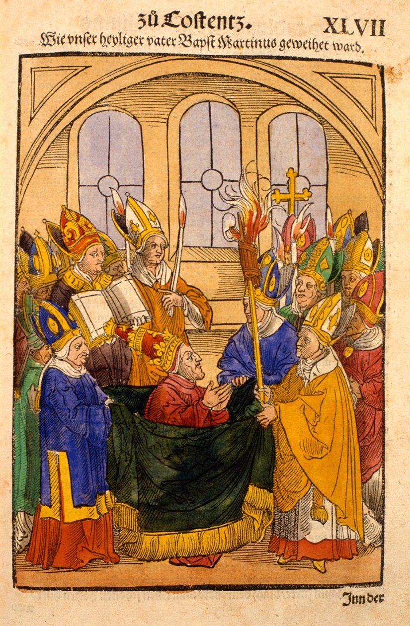 Martin V installeras som påve vid konciliet i Konstanz, ur "Chronik des Konzils von Konstanz". av Ulrich von Richental