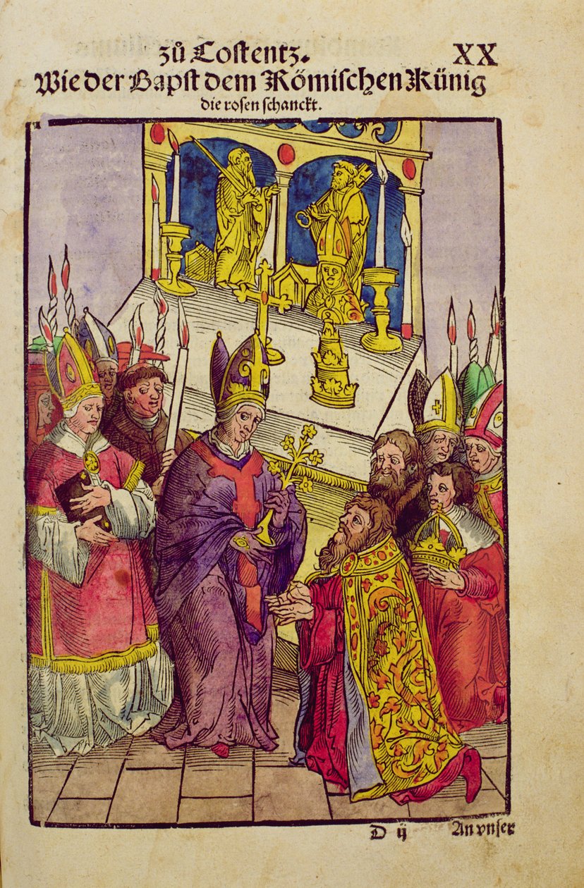 Påven Martin V ger Sigismund den symboliska gåvan Gyllene rosen vid konciliet i Konstanz, från "Chronik des Konzils von Konstanz" av Ulrich von Richental