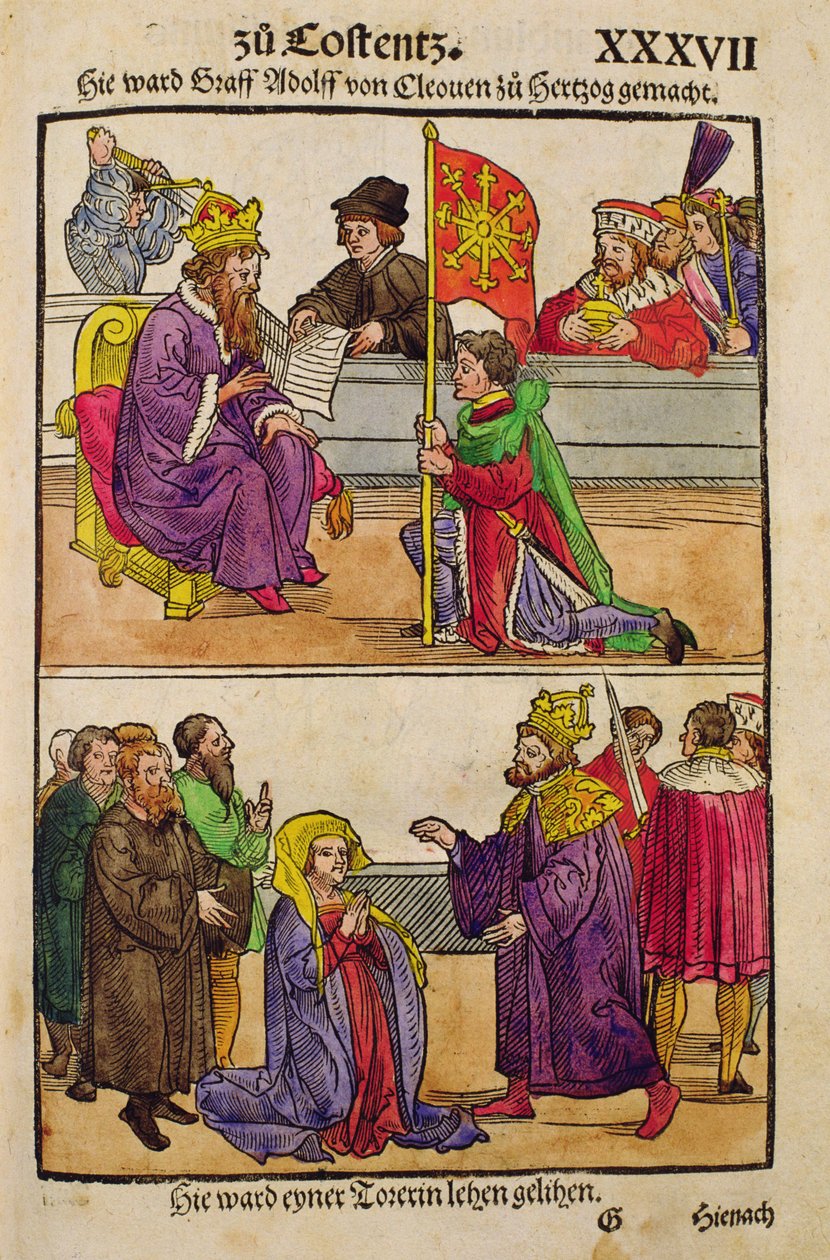 Sigismund höjer greve Adolf av Cleves till rang av hertig vid konciliet i Konstanz, från 