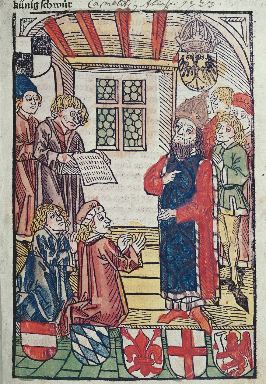 Romarnas kung Sigismund av Luxemburg tar emot hyllning av hertig Fredrik av Österrike, 1483 (färgat träsnitt) (se även 316982 och 336923). av Ulrich von Richental