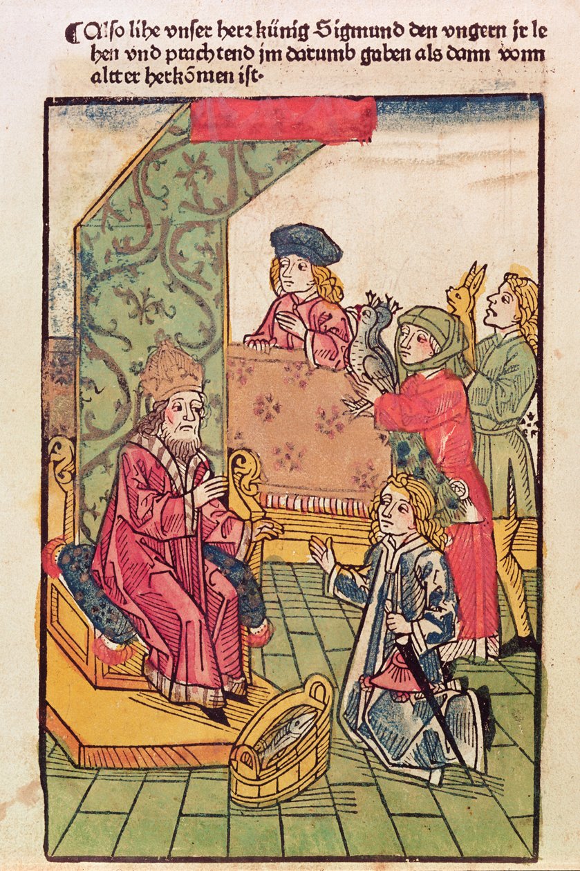 Kejsar Sigismund (1367-1437) av Luxemburg tar emot hyllningar från sina ungerska undersåtar, 1483, (färgat träsnitt) (se även 316982) av Ulrich von Richental