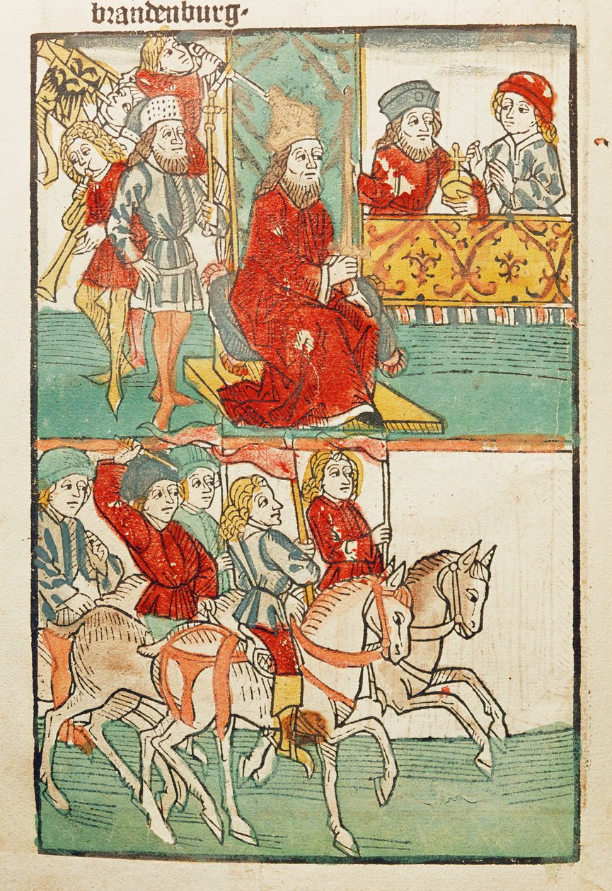 Förläning av markgreven av Nürnberg, Friedrich von Hohenzollern, med Mark Brandenburg av kejsar Sigismund... av Ulrich von Richental