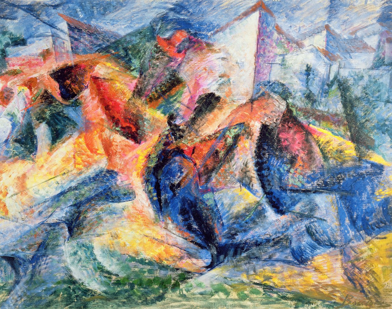 Häst och ryttare och byggnader, 1914 av Umberto Boccioni