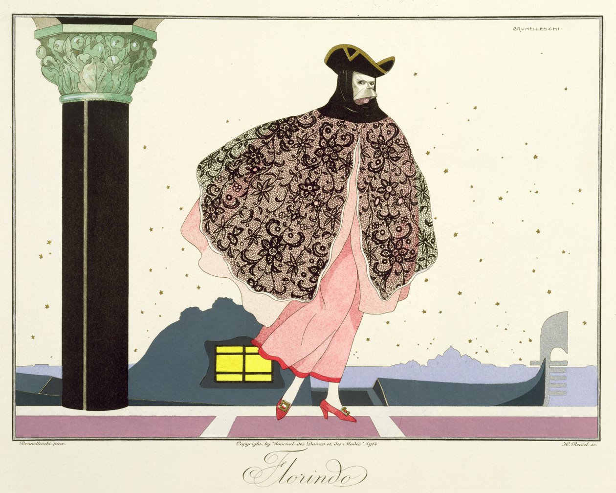 Florindo, från "Masks and Characters of Italian Theatre"-upplagan av Le Journal des Dames et des Modes, graverad av Henri Reidel (fl1914-20) 1914 (färg litho) av Umberto (after) Brunelleschi