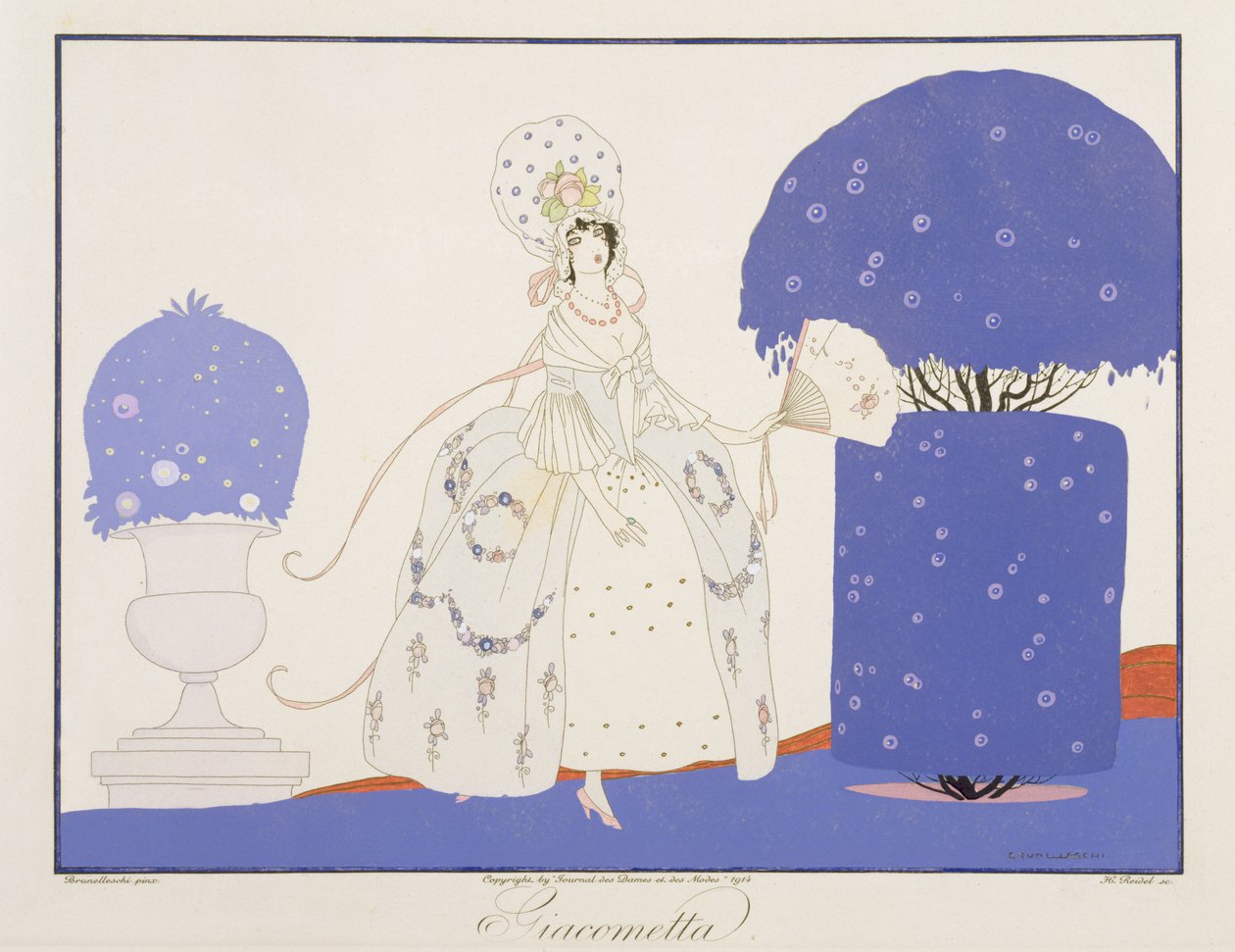 Giacometta, från "Masks and Characters of Italian Theatre"-upplagan av Le Journal des Dames et des Modes, graverad av Henri Reidel (fl.1914-20) 1914 (litho i färg) av Umberto (after) Brunelleschi