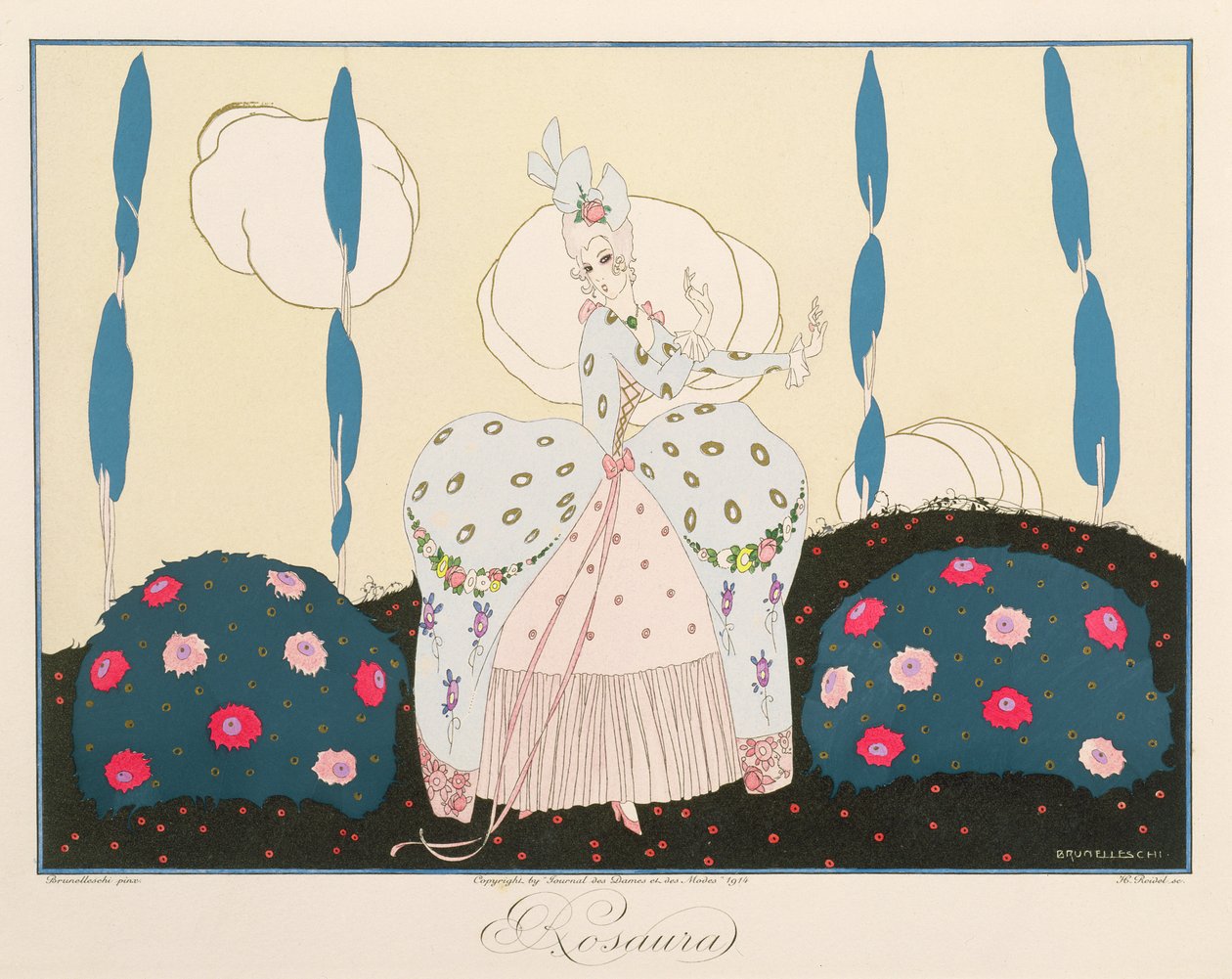 Rosaura, från "Masks and Characters of Italian Theatre"-upplagan av Le Journal des Dames et des Modes, graverad av Henri Reidel (fl. 1914-20) 1914 (färg litho) av Umberto (after) Brunelleschi