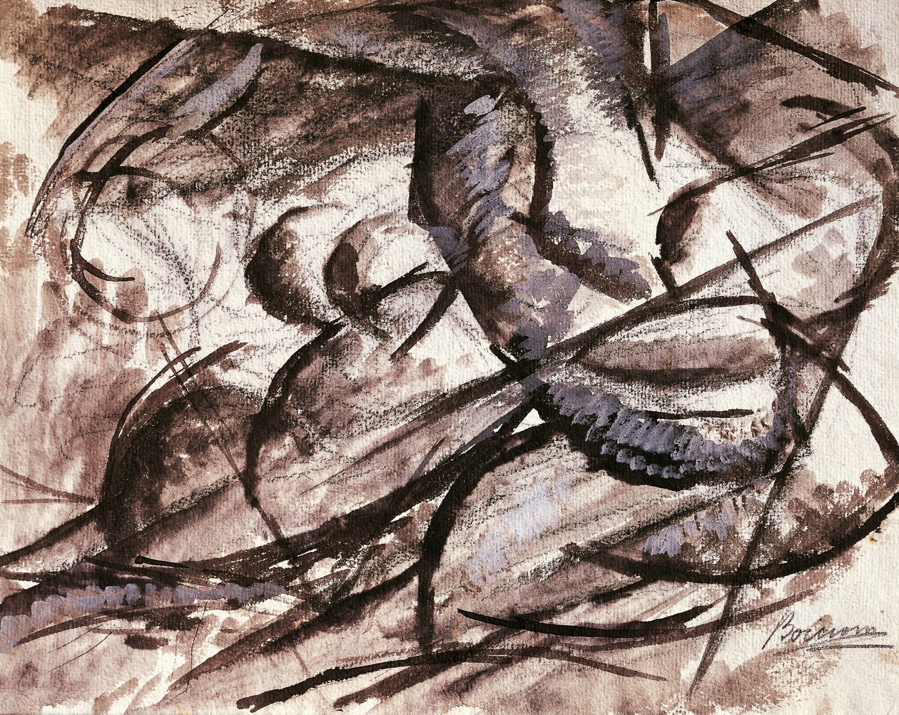 Dynamik (kol, bläck, tempera och akvarell) av Umberto Boccioni