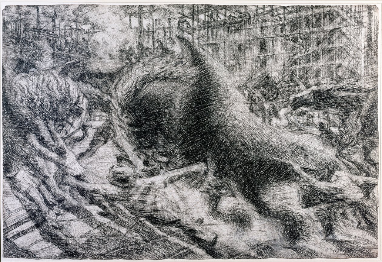 Futurism: "" La citta che dirty"" (Den stigande staden). Teckning på kartong av Umberto Boccioni (1882-1916) av Umberto Boccioni