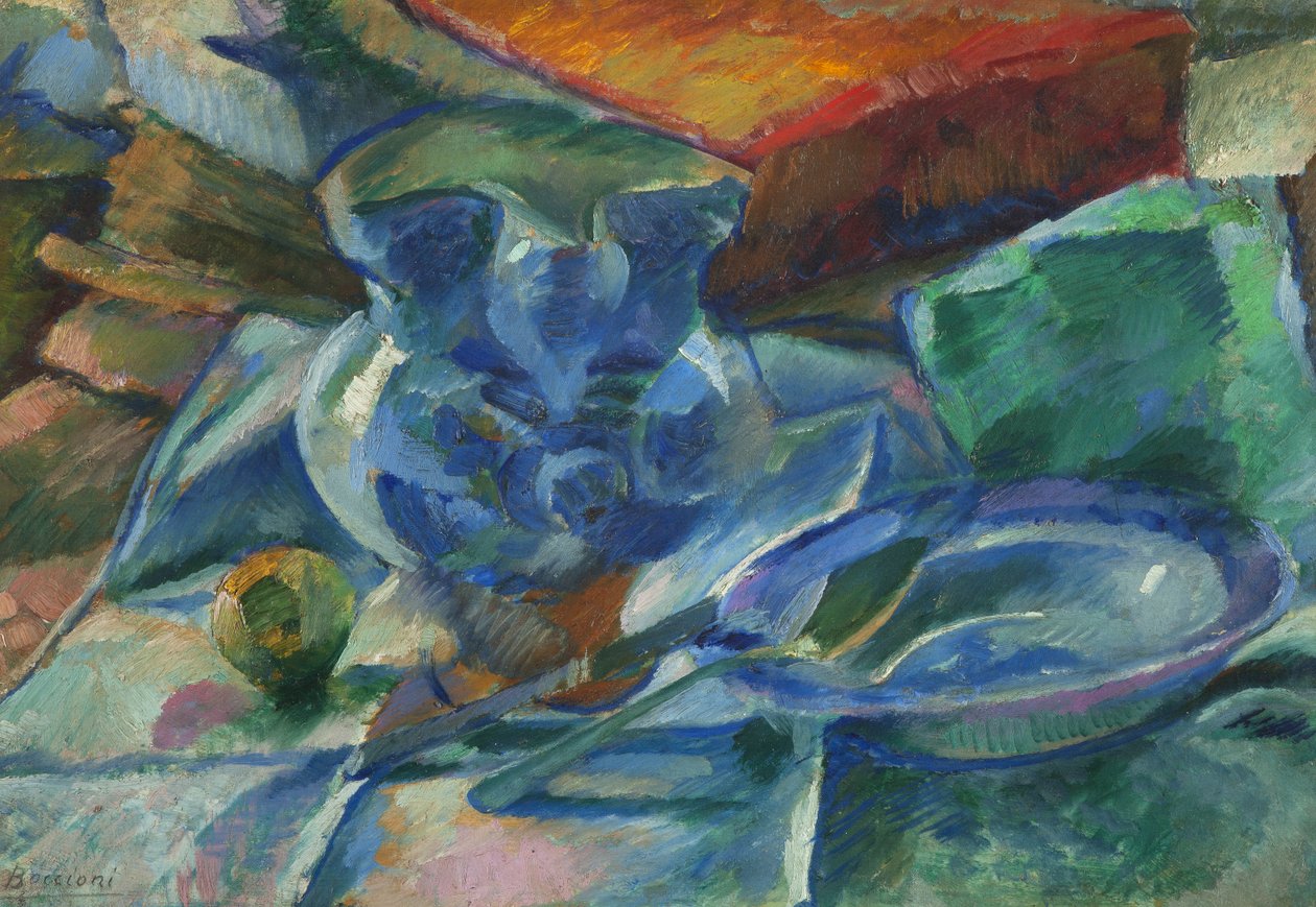 Stilleben av lergods, bestick och frukt, 1915 av Umberto Boccioni