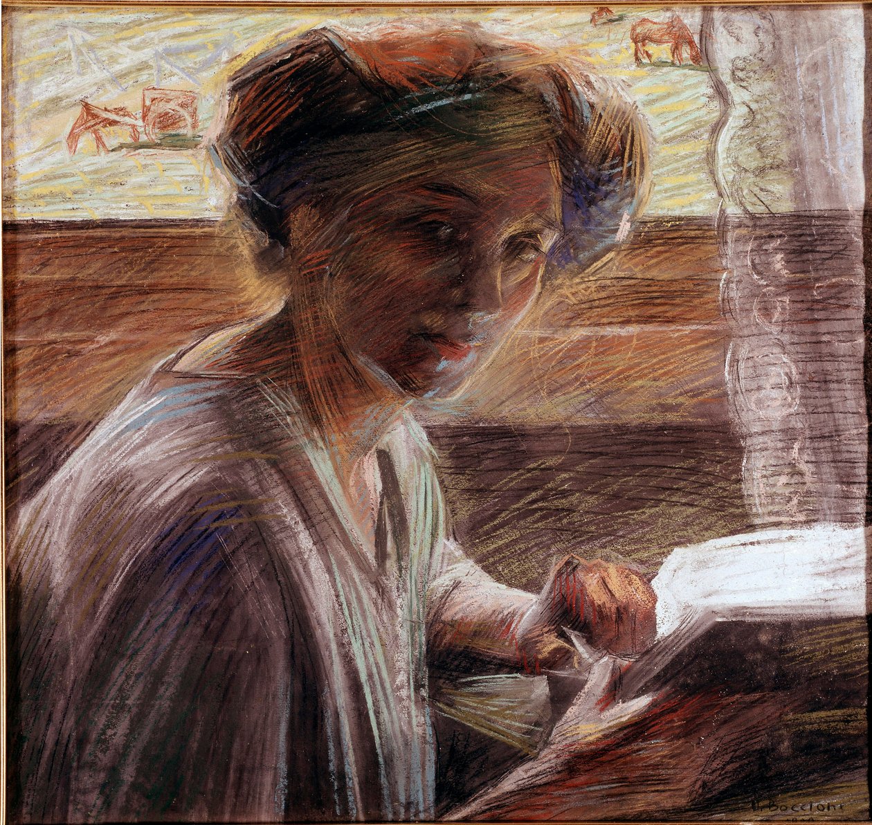 Porträtt av målarens syster som läser pastellmålning av Umberto Boccioni (1882-1916) 1908 Sön. 54x58 cm Venedig, Galleria d