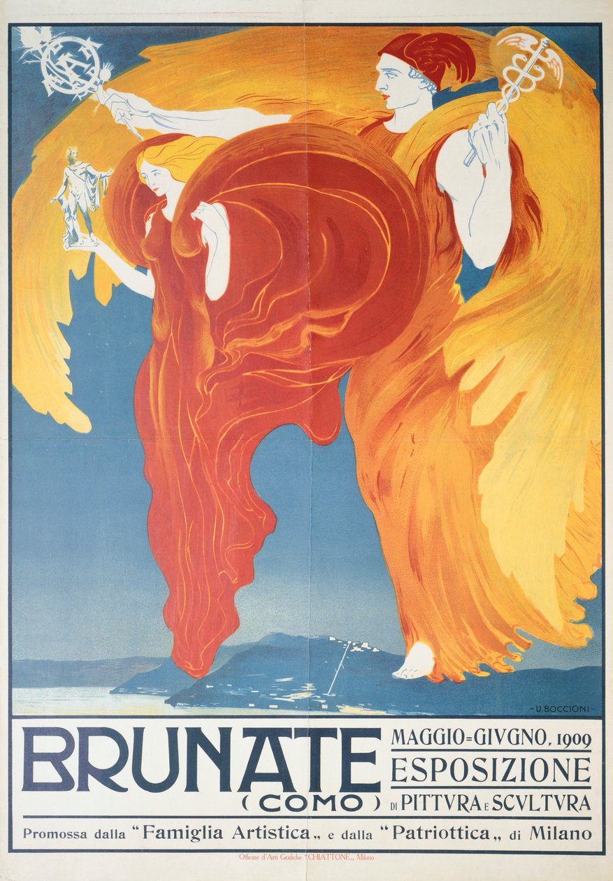 Affisch för utställning av måleri och skulptur i Brunate av Umberto Boccioni (1882-1916), kromolitografi, 70x50 cm av Umberto Boccioni