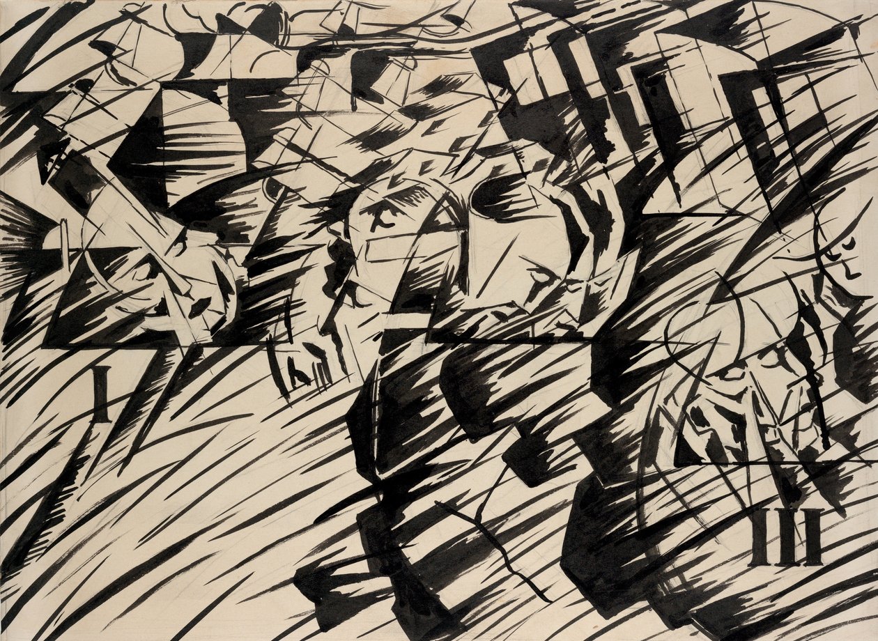 Tillstånd i sinnet: De som går, 1912 (bläck på papper) av Umberto Boccioni