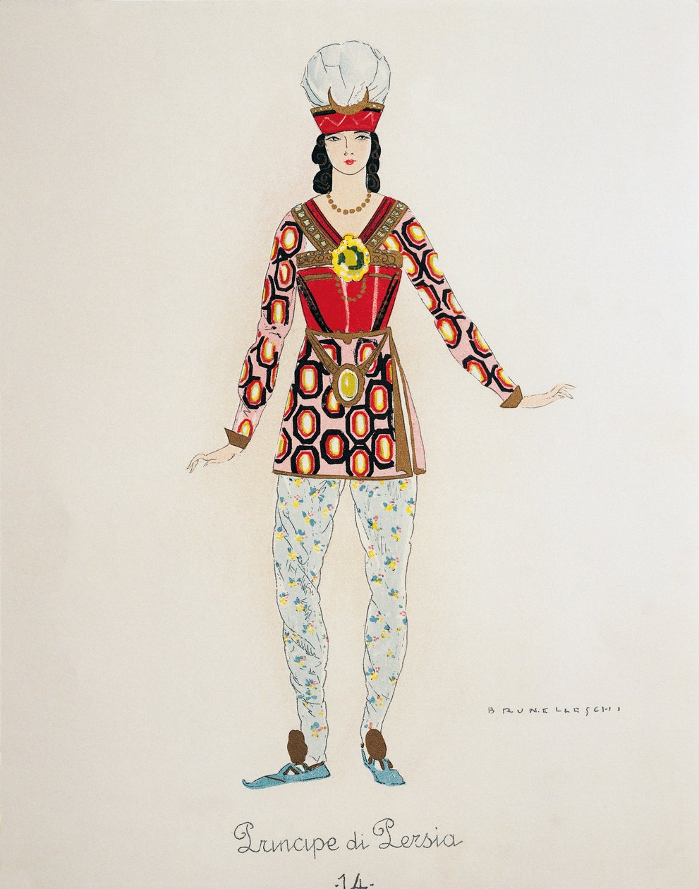 Kostym för prinsen av Persien från Turandot av Giacomo Puccini, skiss av Umberto Brunelleschi (1879-1949) för uruppförandet av operan på Teatro alla Scala i Milano, 25 april av Umberto Brunelleschi