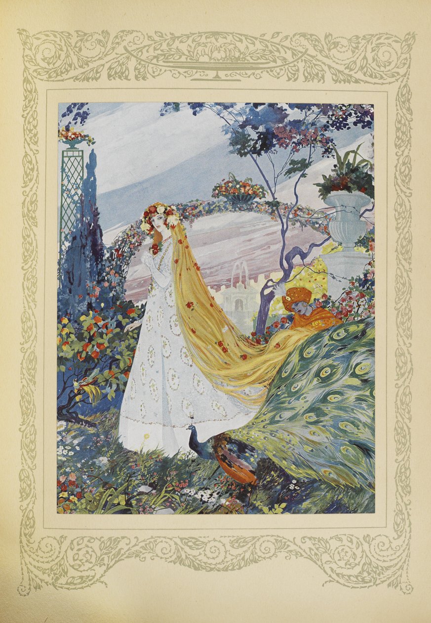 Hon täckte alltid sitt lockiga hår med en krona av blommor på huvudet, illustration från 