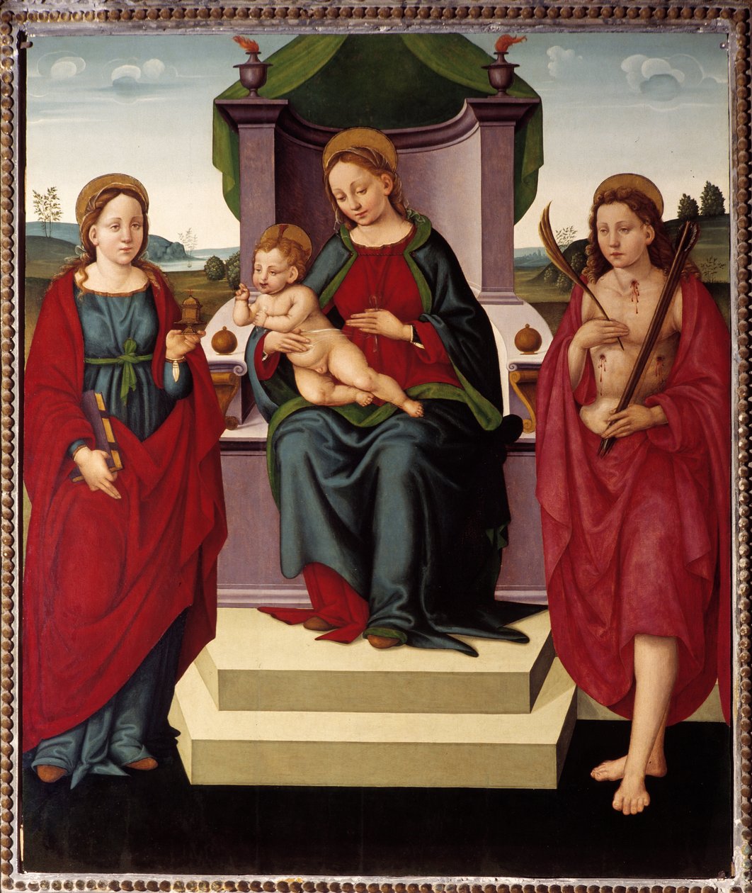 Madonna på tronen mellan St Magdalena och Sebastian (olja på duk av Umbrian School