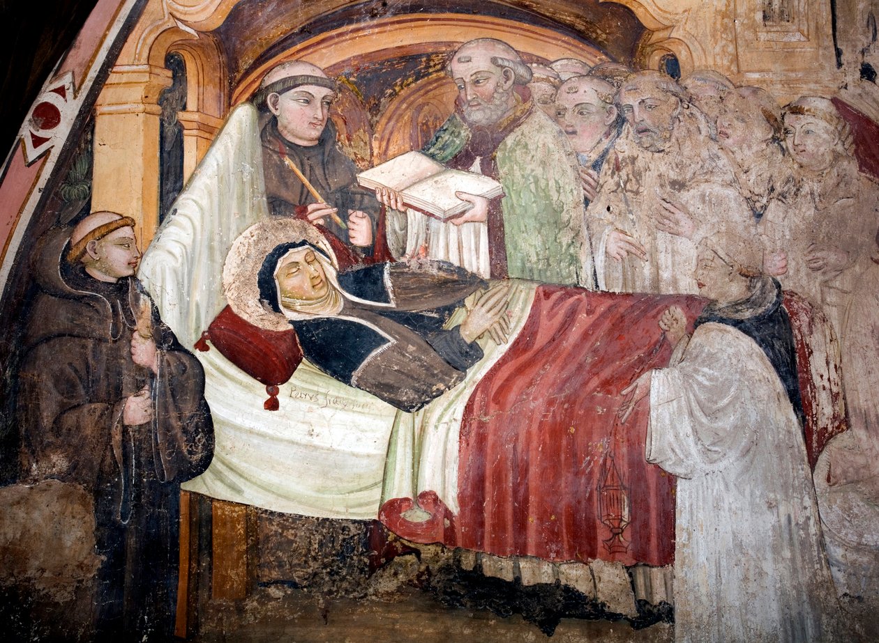 Döden av Saint Scolasticus (v. 480- v. 543), syster till Saint Benedict of Nursie. Hon är omgiven av benediktinermunkar. Fresk av Umbriens skola på 1400-talet. Klostret Saint Benedetto (Sacro Speco), Subiaco (Rom), Italien av Umbrian School