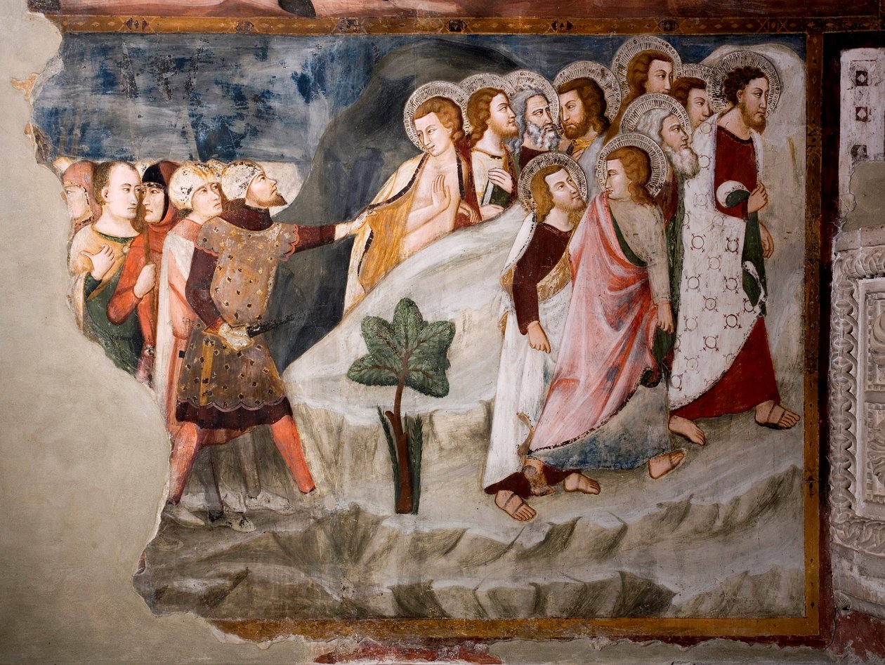 Flykten från apostlarna. Detalj. Fresk av Umbriens skola på 1400-talet. Överlägsen kyrka. Klostret Saint Benedetto (Sacro Speco), Subiaco (Rom), Italien av Umbrian School