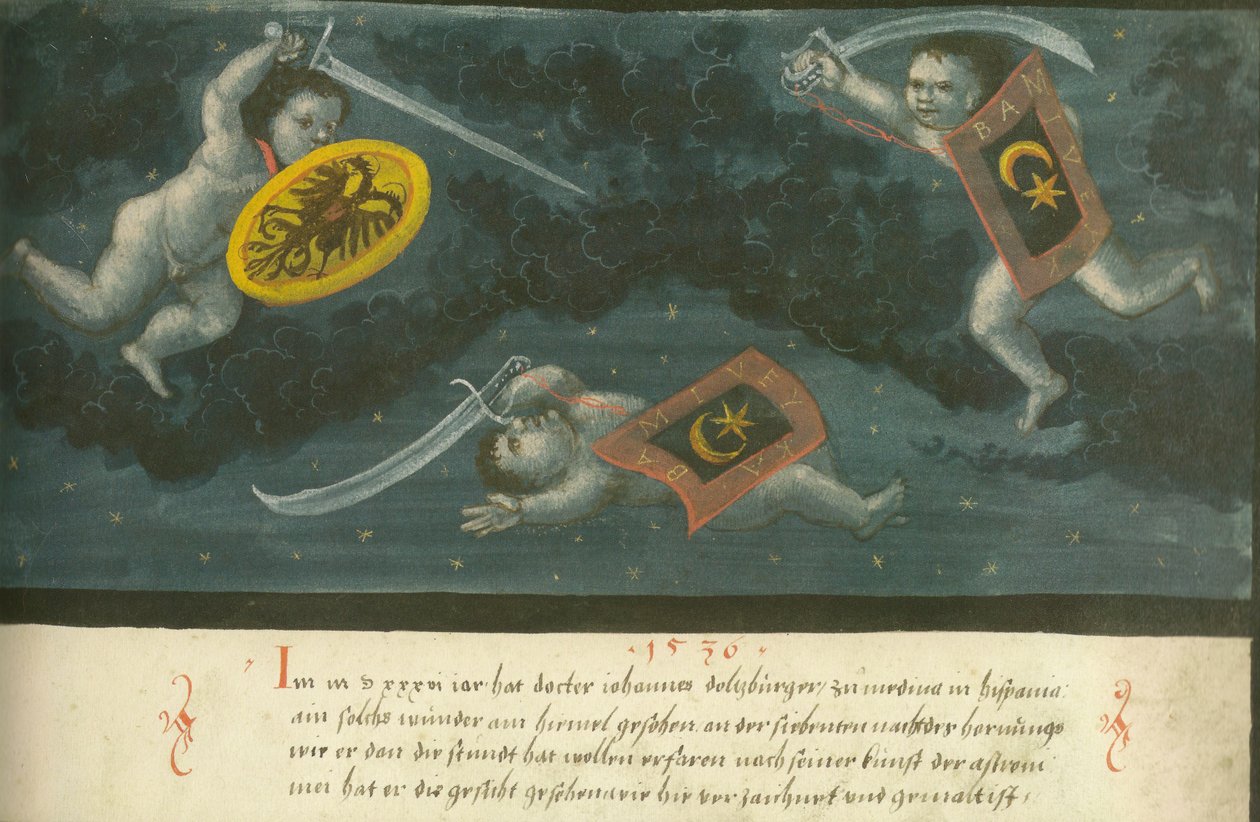 Augsburger Wunderzeichenbuch - Folio 134 Heavenly Battle of Three Children 1536 av Unbekannt Unbekannt