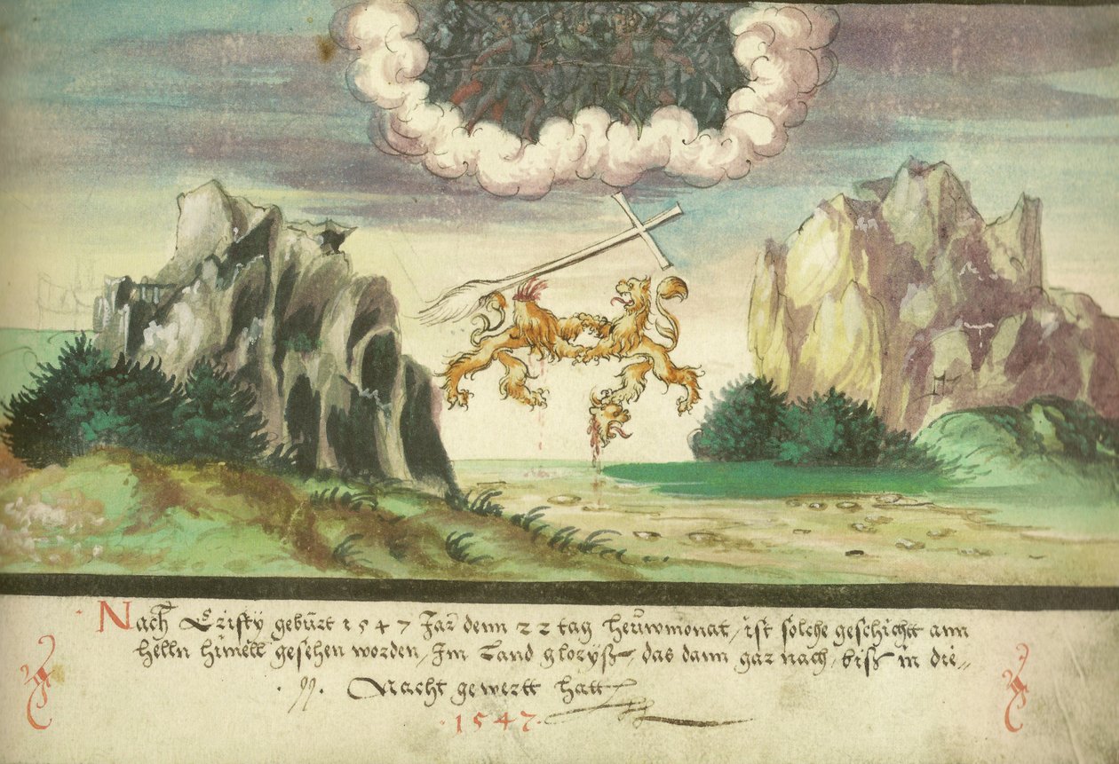 Augsburger Wunderzeichenbuch - Folio 157- Himmelsk strid, lejon över Glarus av Unbekannt Unbekannt